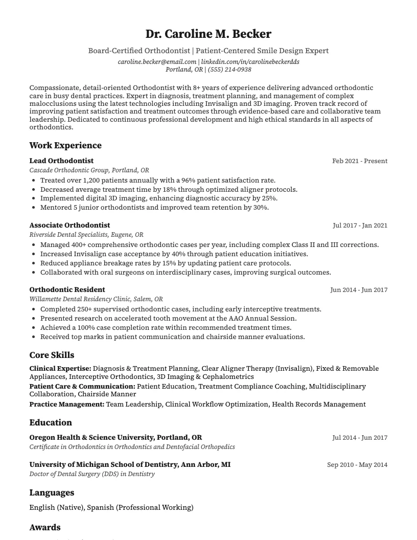 Orthodontist Resume Example