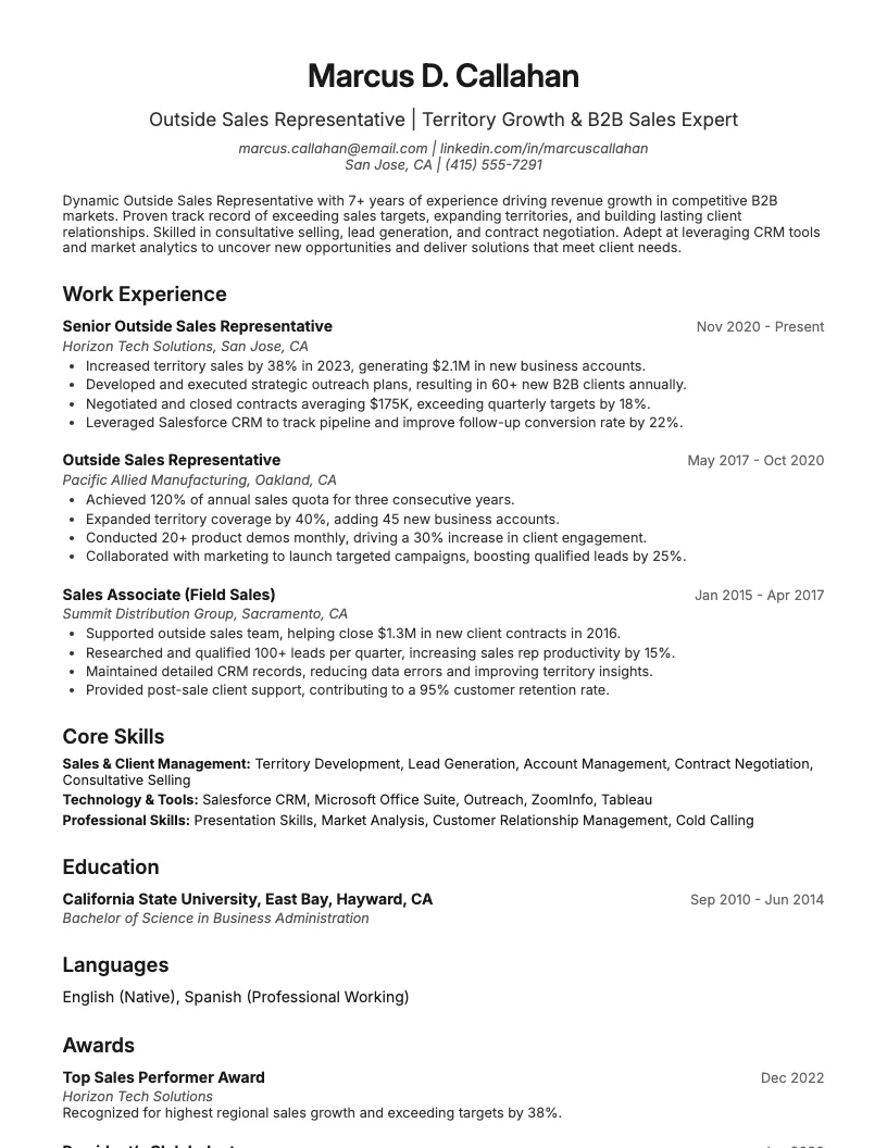 Outside Sales Representative Resume Example