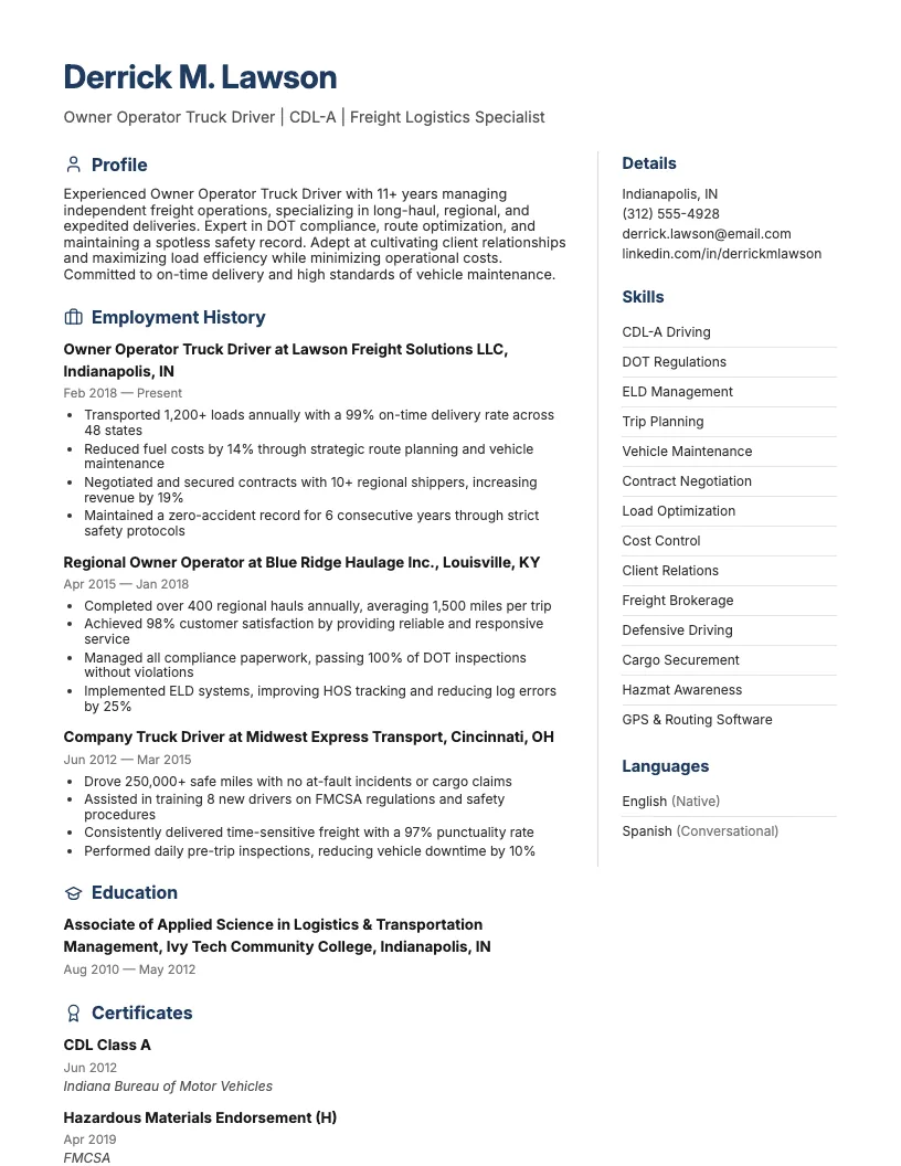 Owner Operator Truck Driver Resume Example