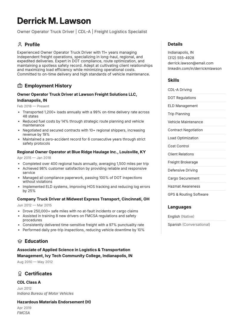 Owner Operator Truck Driver Resume Example