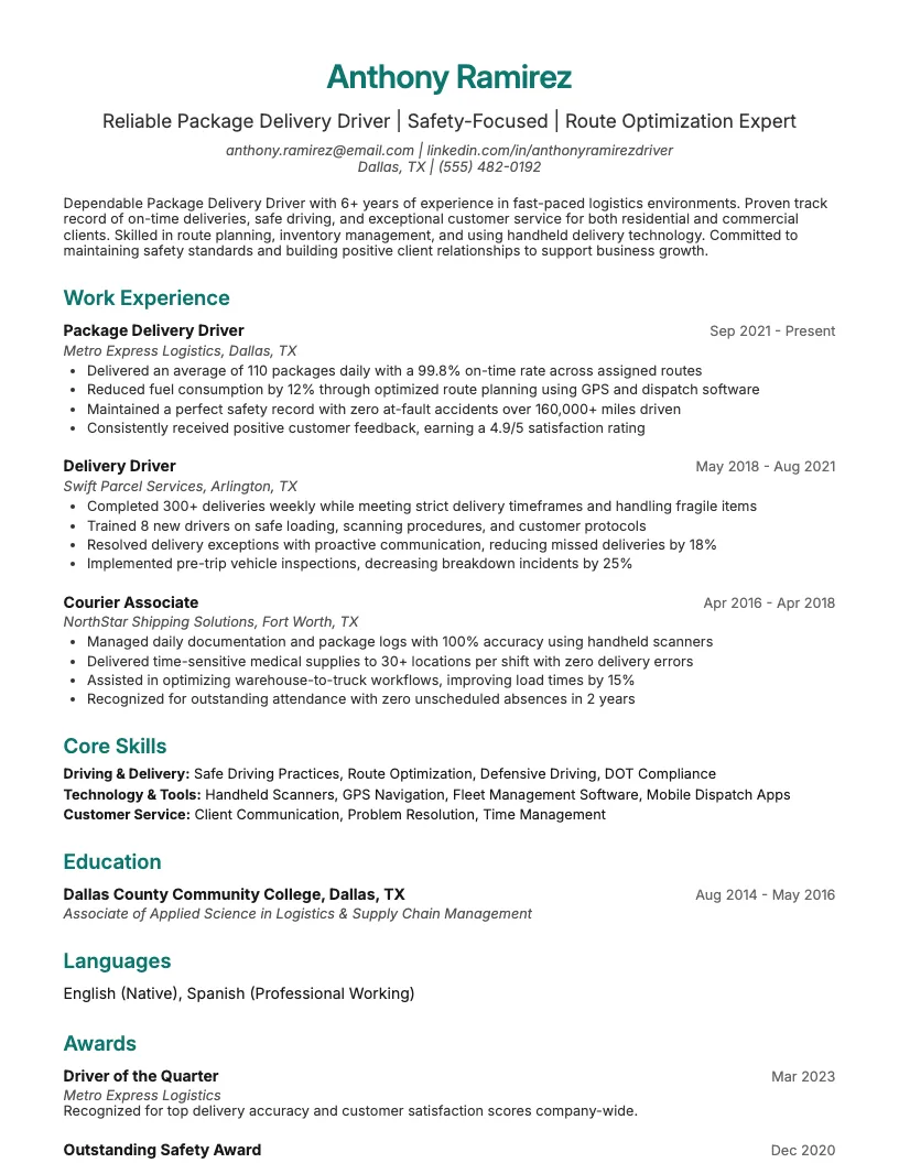 Package Delivery Driver Resume Example
