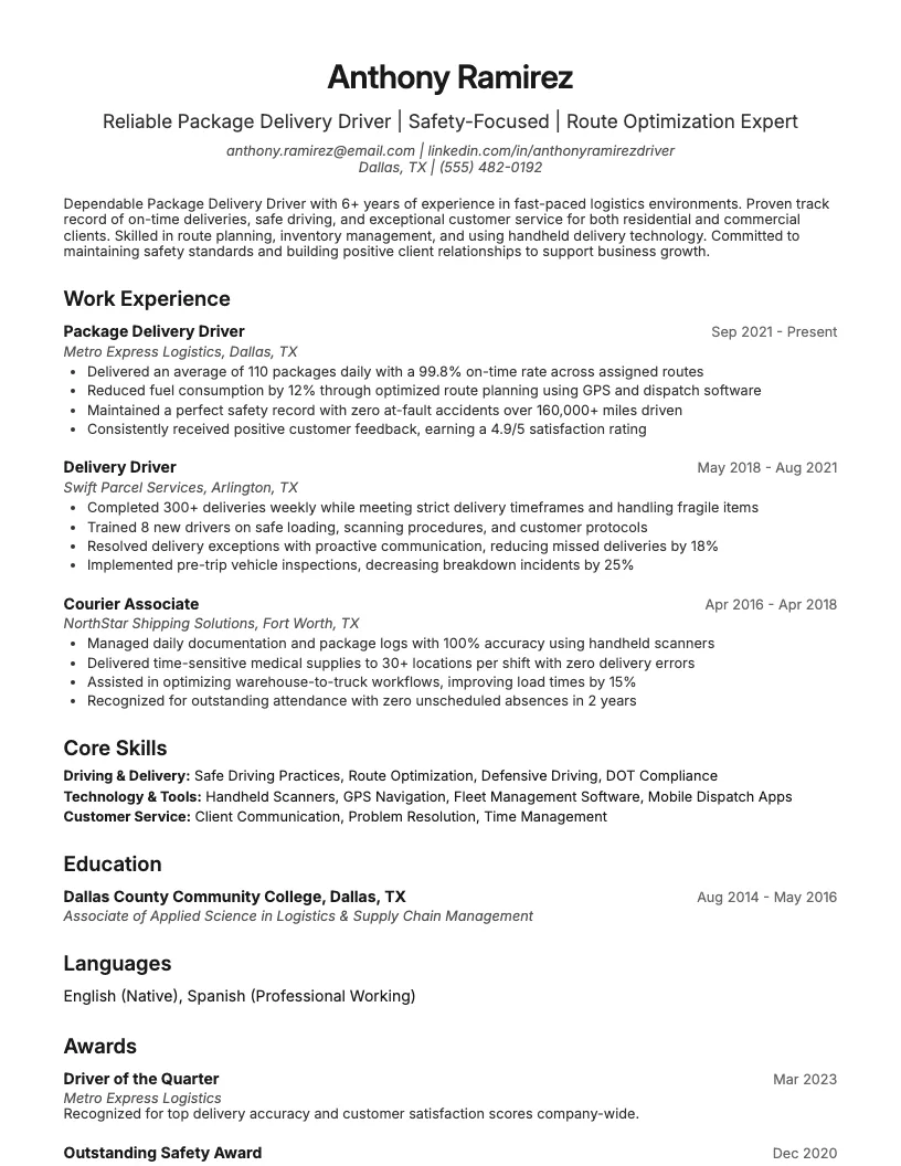 Package Delivery Driver Resume Example