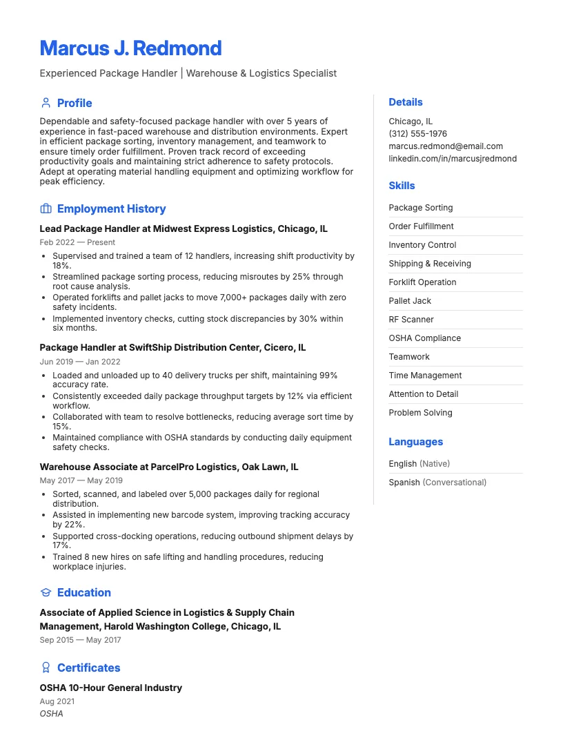 Package Handler Resume Example
