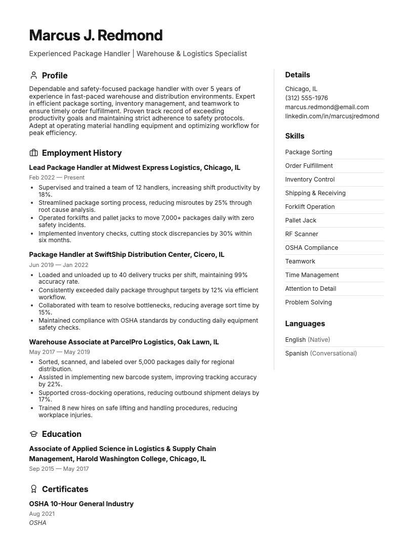 Package Handler Resume Example