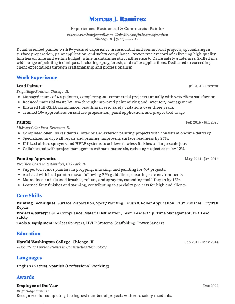 Residential Painter Resume Example