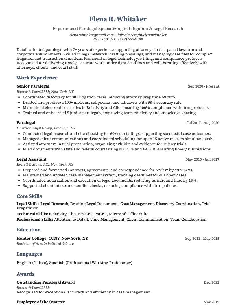 Paralegal Resume Example