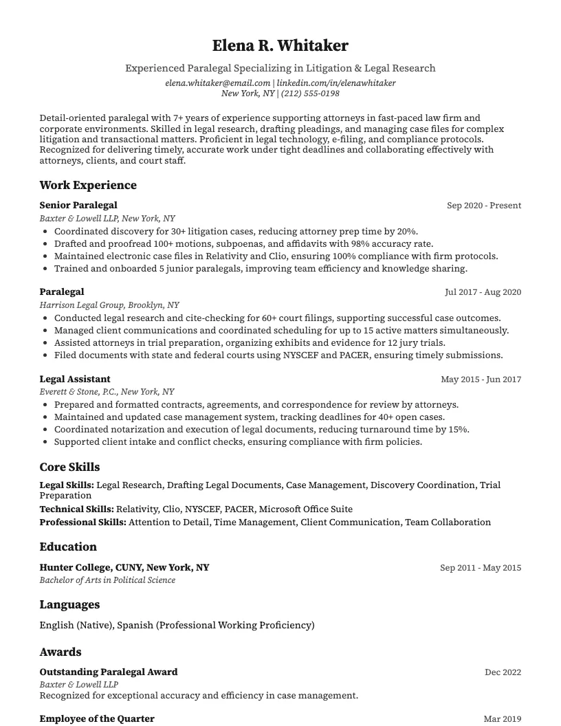 Paralegal Resume Example