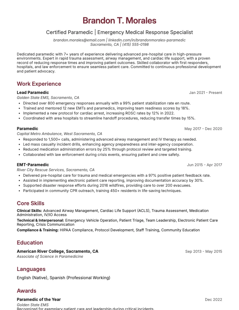 Ambulance Paramedic Resume Example