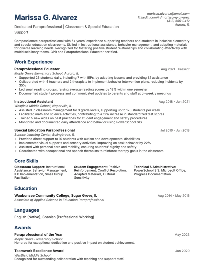 Paraprofessional resume example