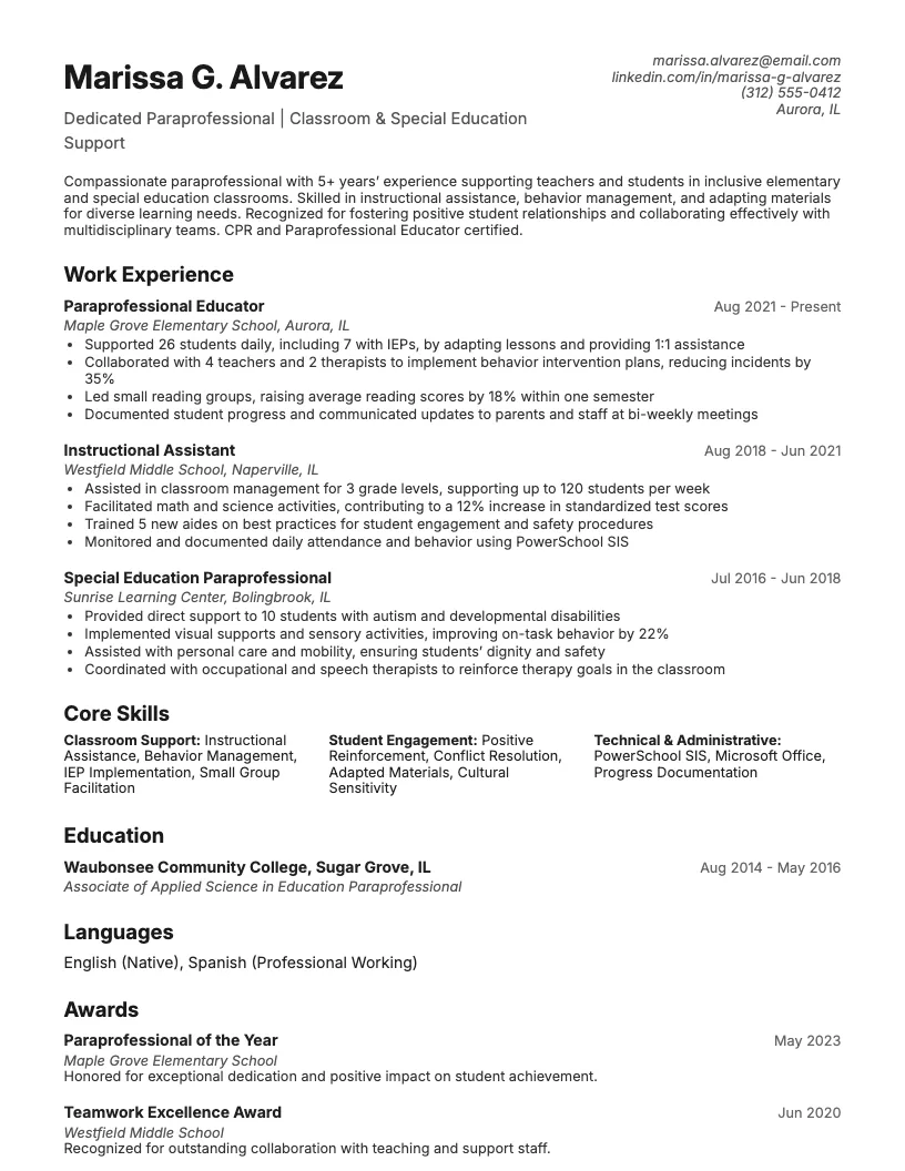 Paraprofessional Resume Example