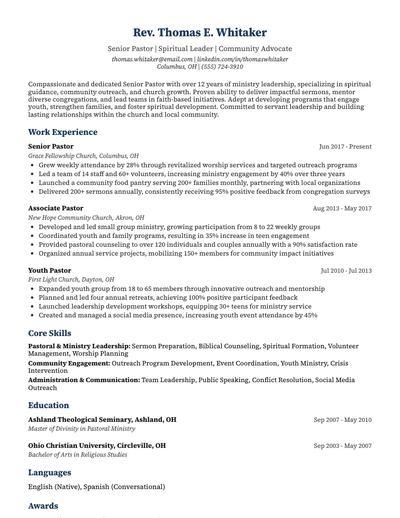 Youth Pastor Resume Example