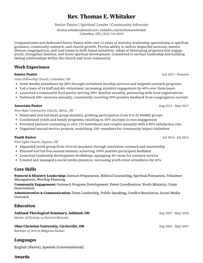 Pastor Resume Example