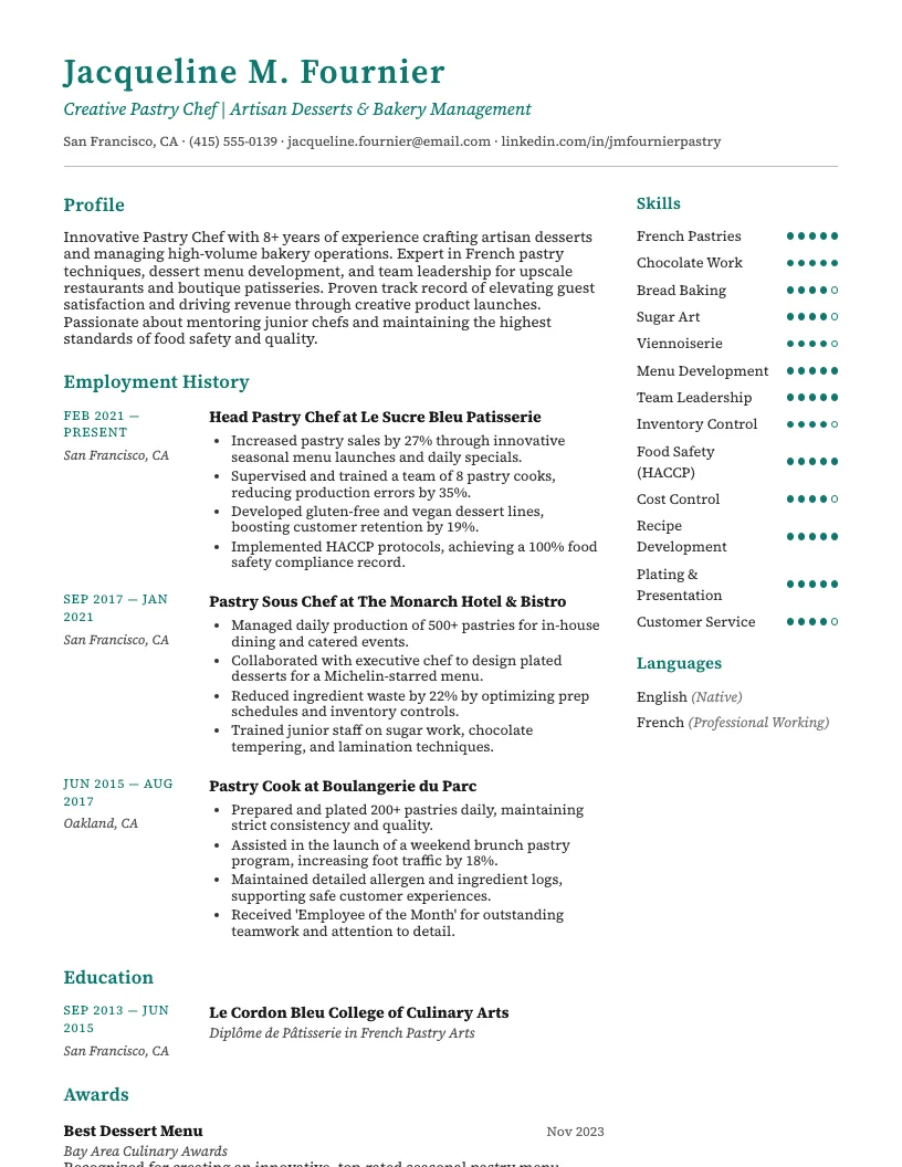 Pastry Chef Resume Example