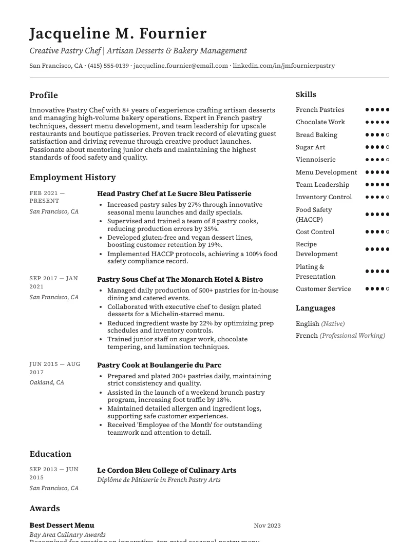 Pastry Chef Resume Example