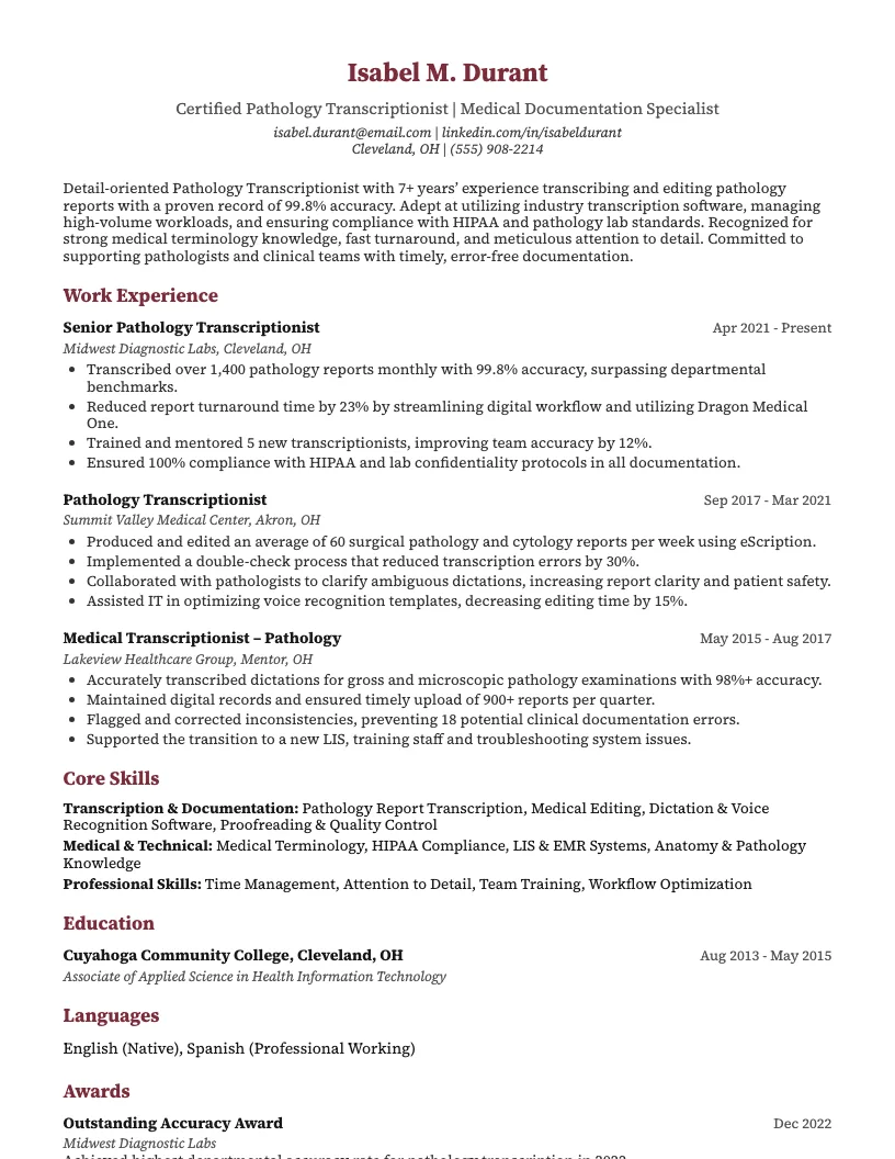 Pathology Transcriptionist Resume Example