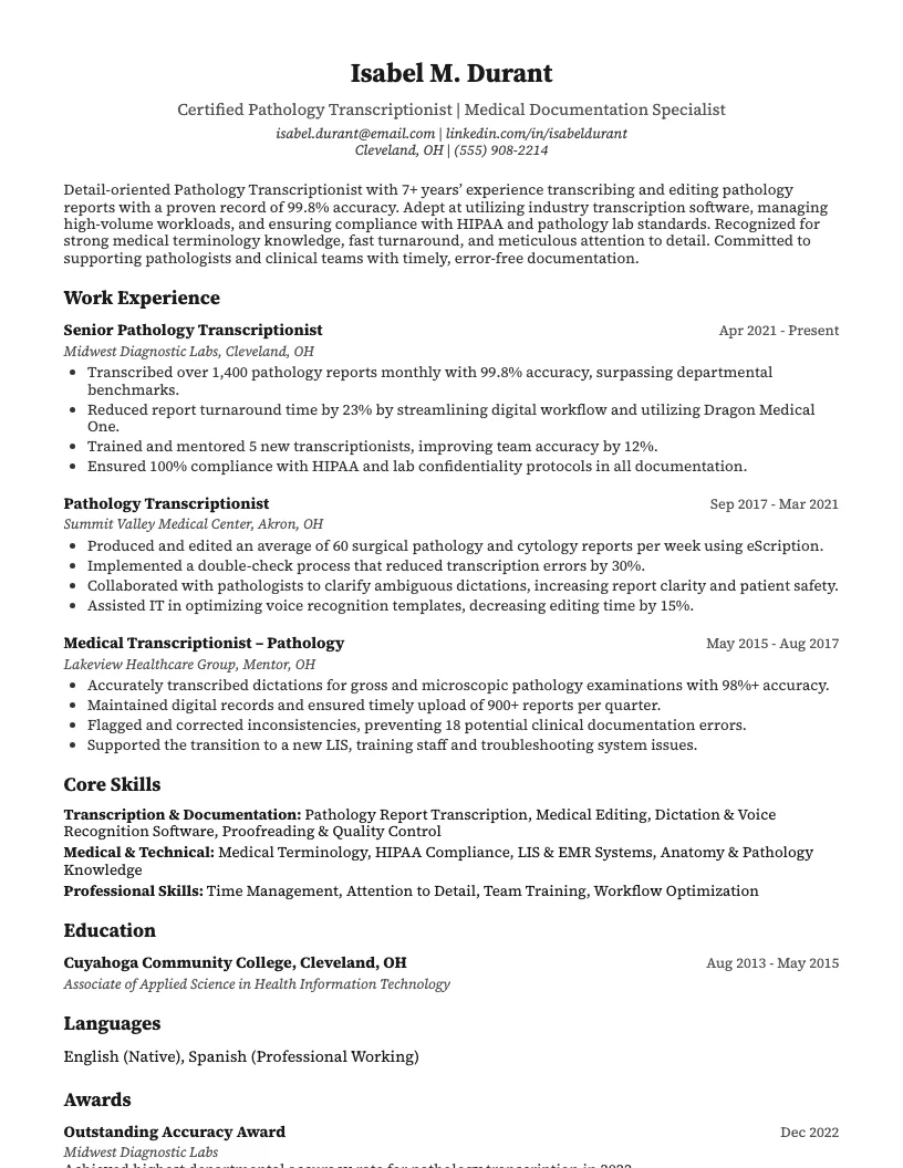 Pathology Transcriptionist Resume Example
