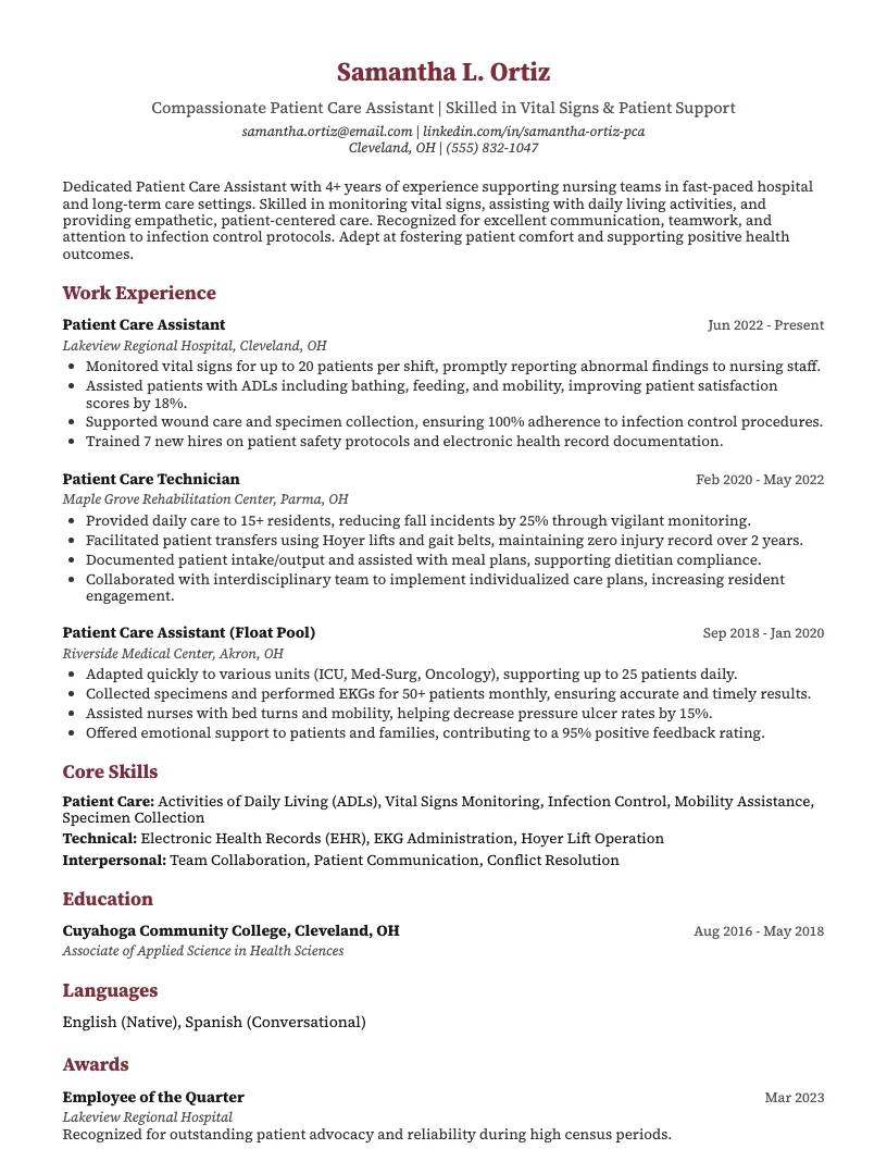 Patient Care Assistant Resume Example