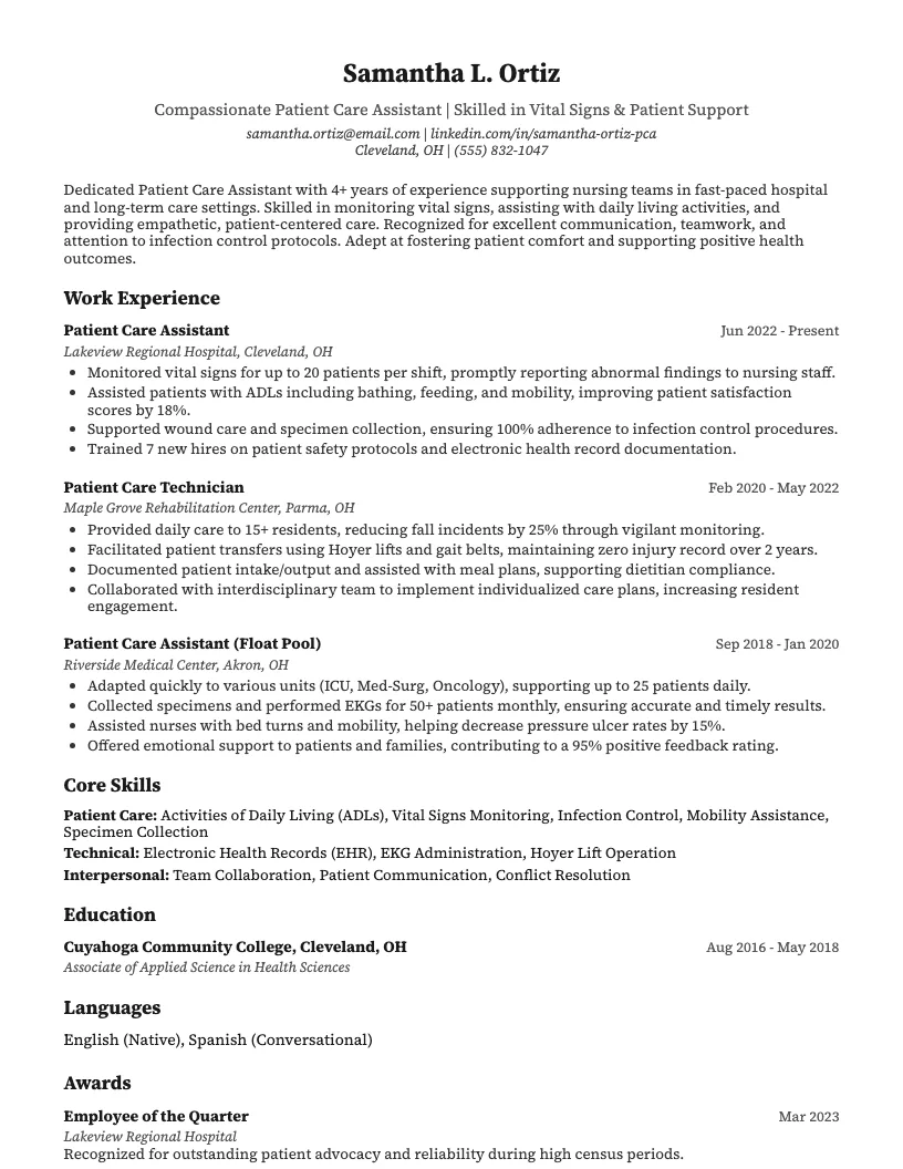 Patient Care Assistant Resume Example