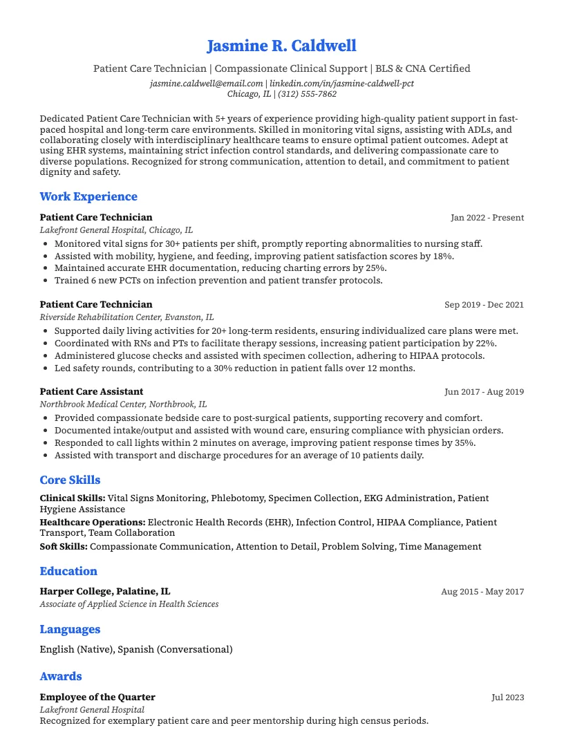 Patient Care Technician Resume Example