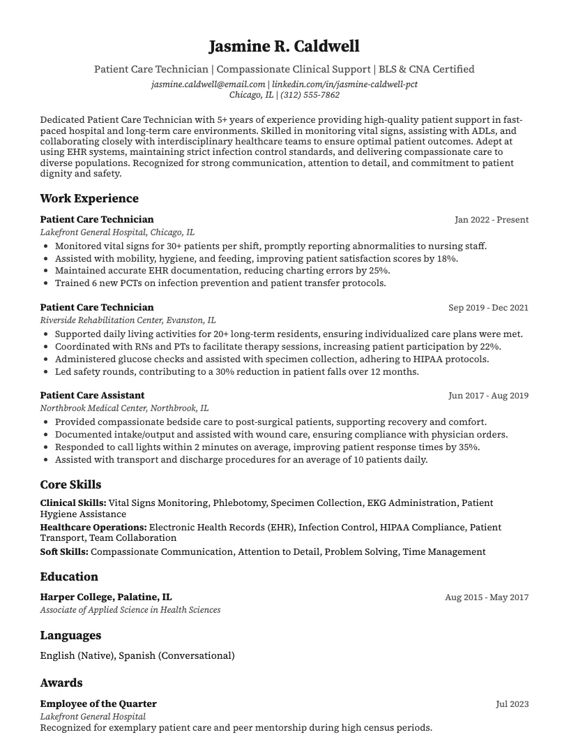 Patient Care Technician Resume Example