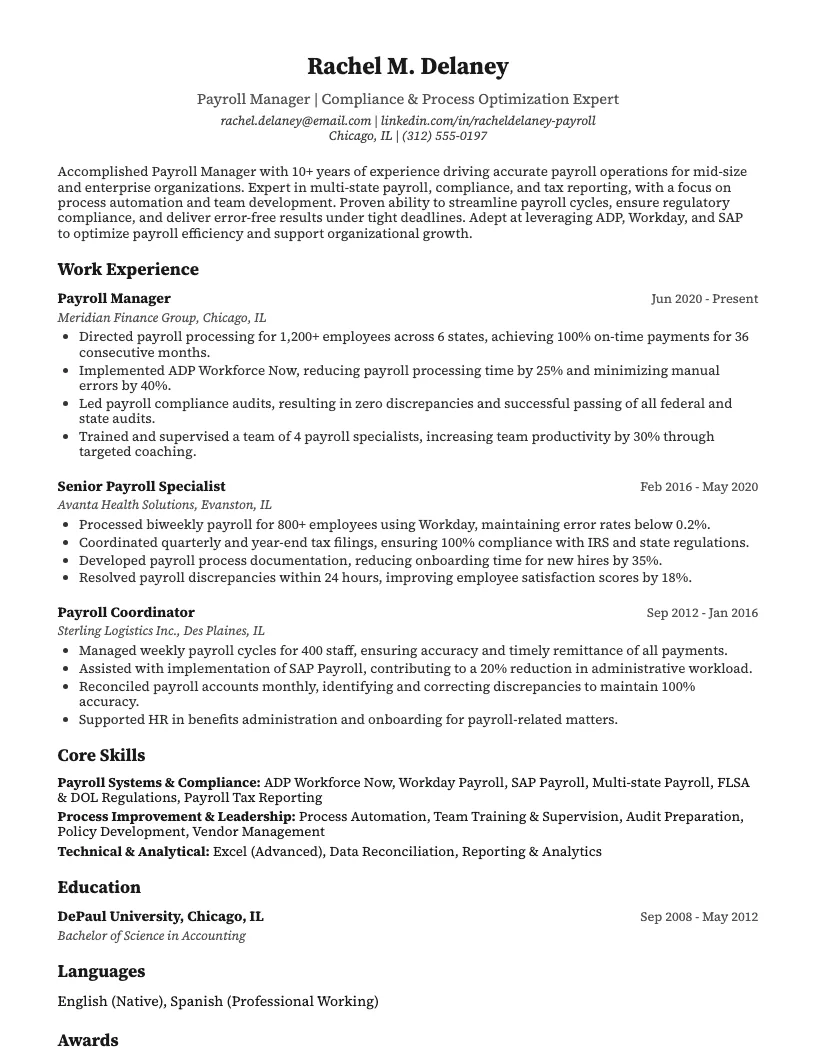 Payroll Manager Resume Example