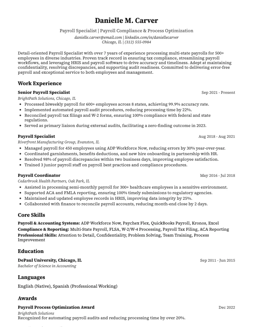 Payroll Specialist Resume Example
