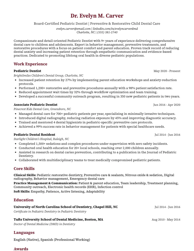 Pediatric Dentist Resume Example