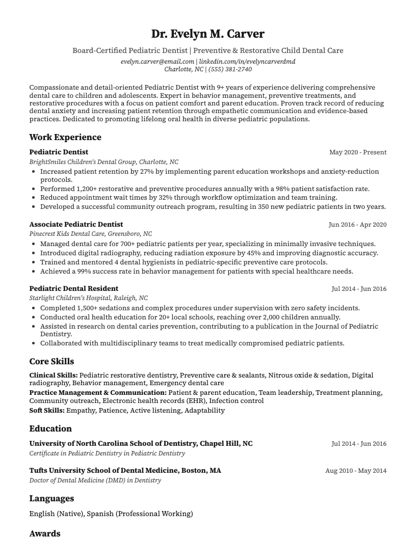 Pediatric Dentist Resume Example