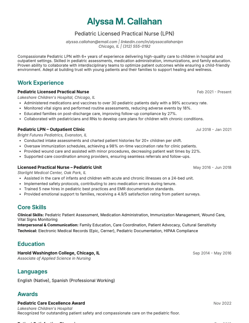 Pediatric Lpn Resume Example