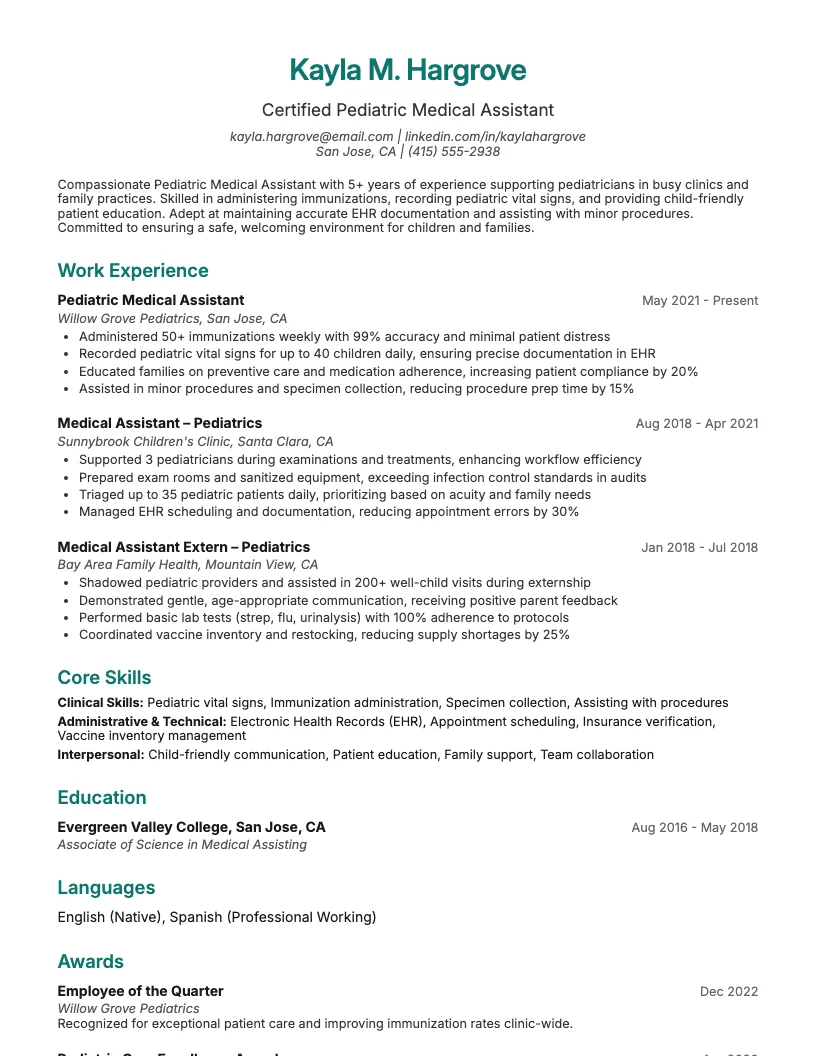 Pediatric Medical Assistant Resume Example