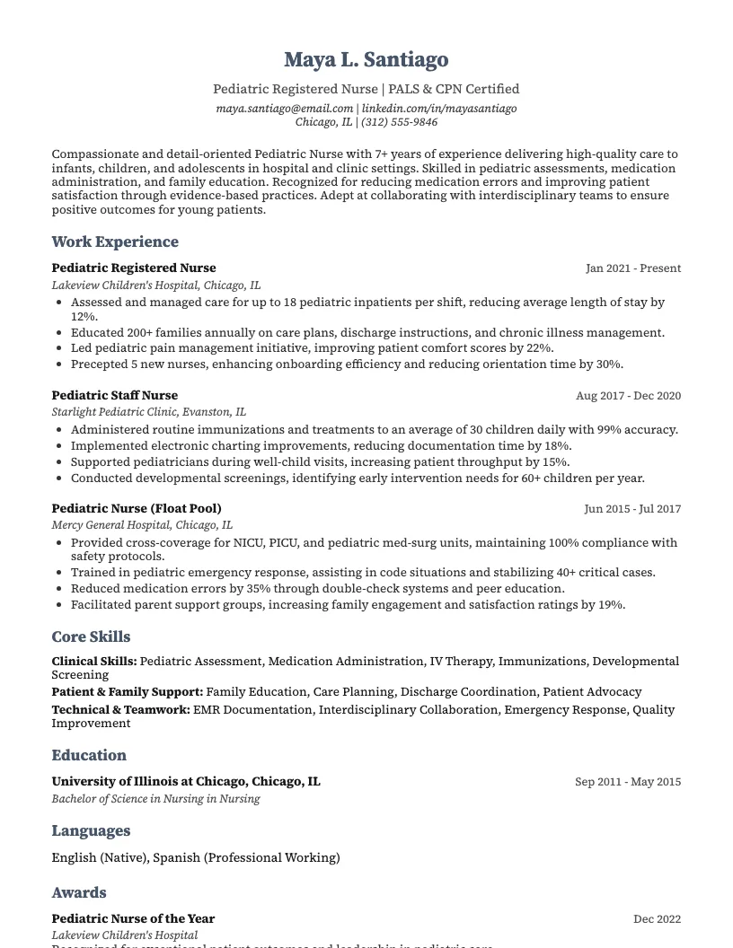 Pediatric Nurse Resume Example