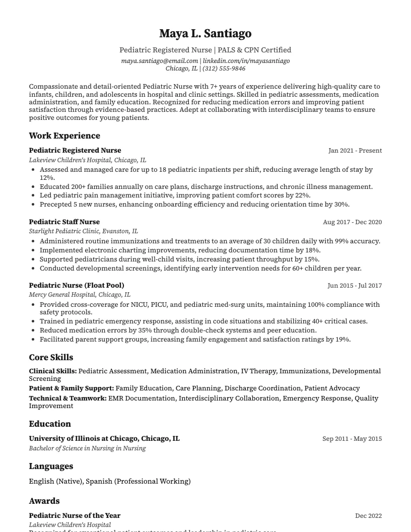 Pediatric Nurse Resume Example