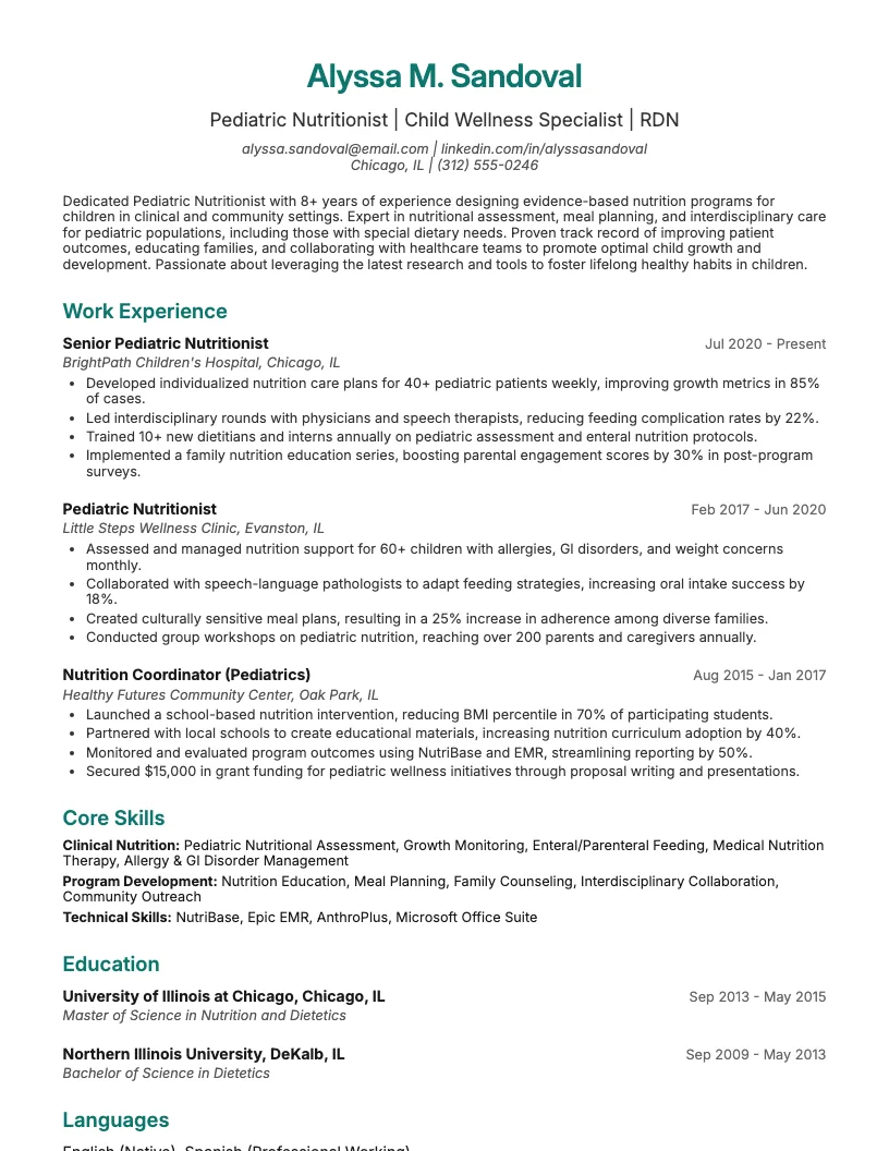 Pediatric Nutritionist Resume Example