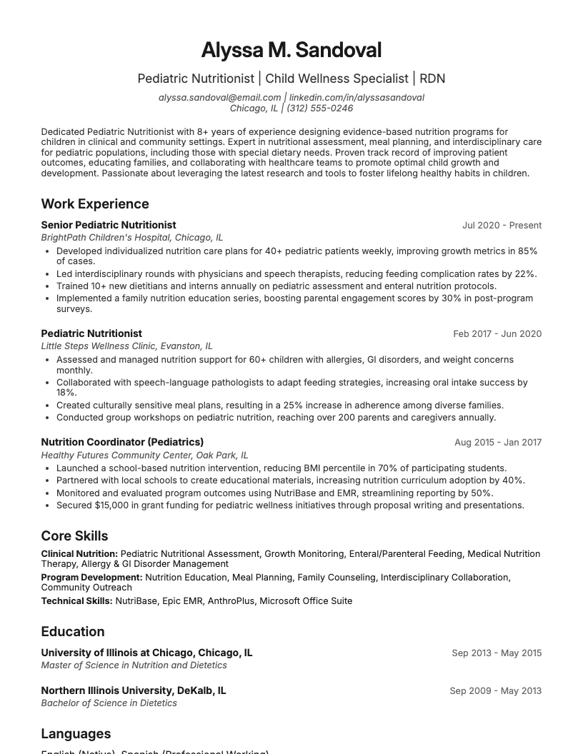 Pediatric Nutritionist Resume Example
