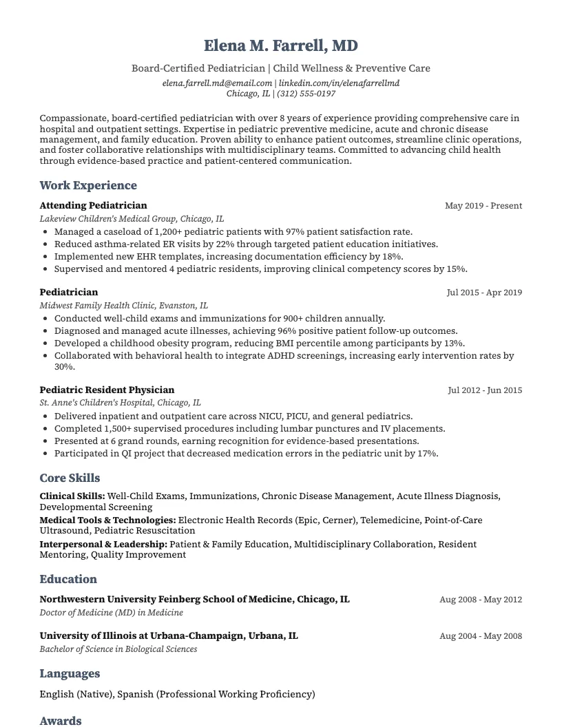 Pediatrician Resume Example