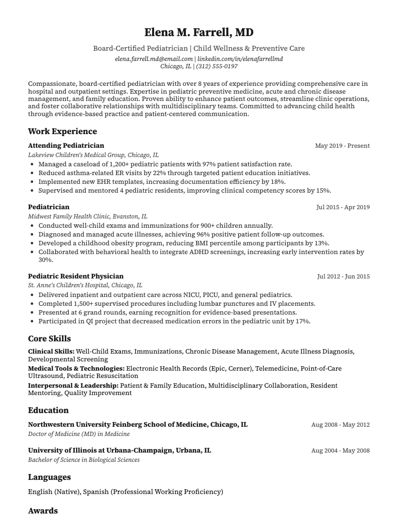 Pediatrician Resume Example
