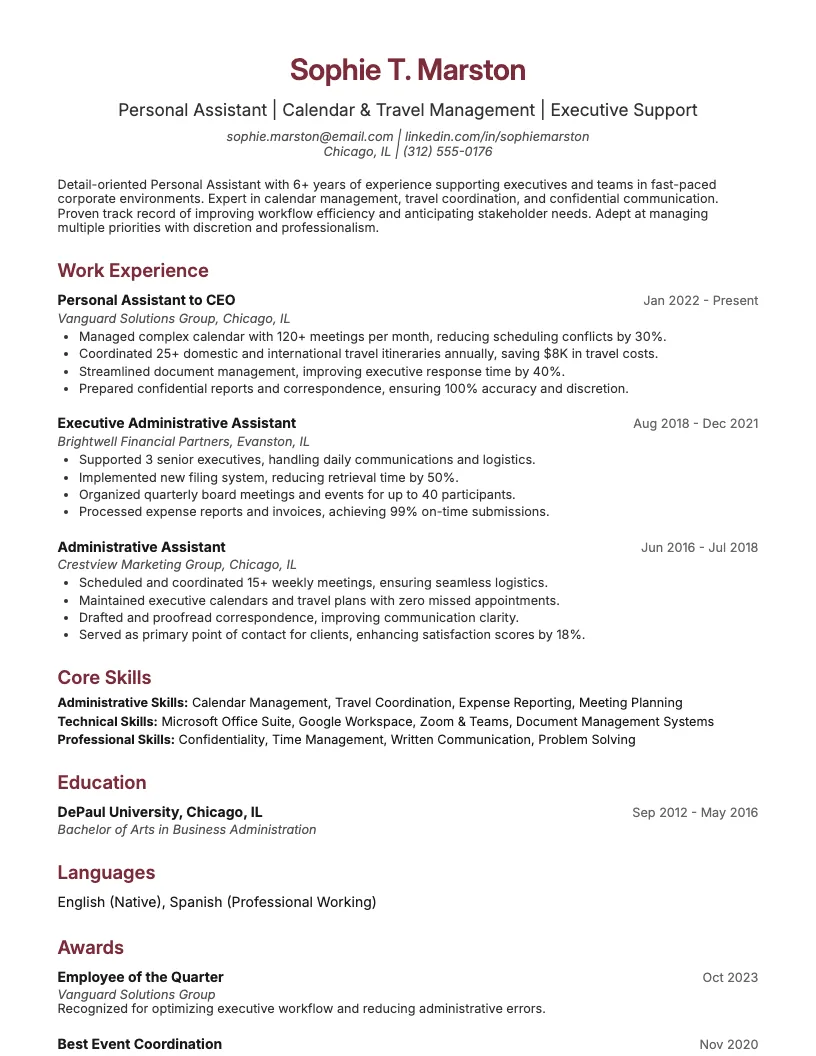 Personal Assistant Resume Example