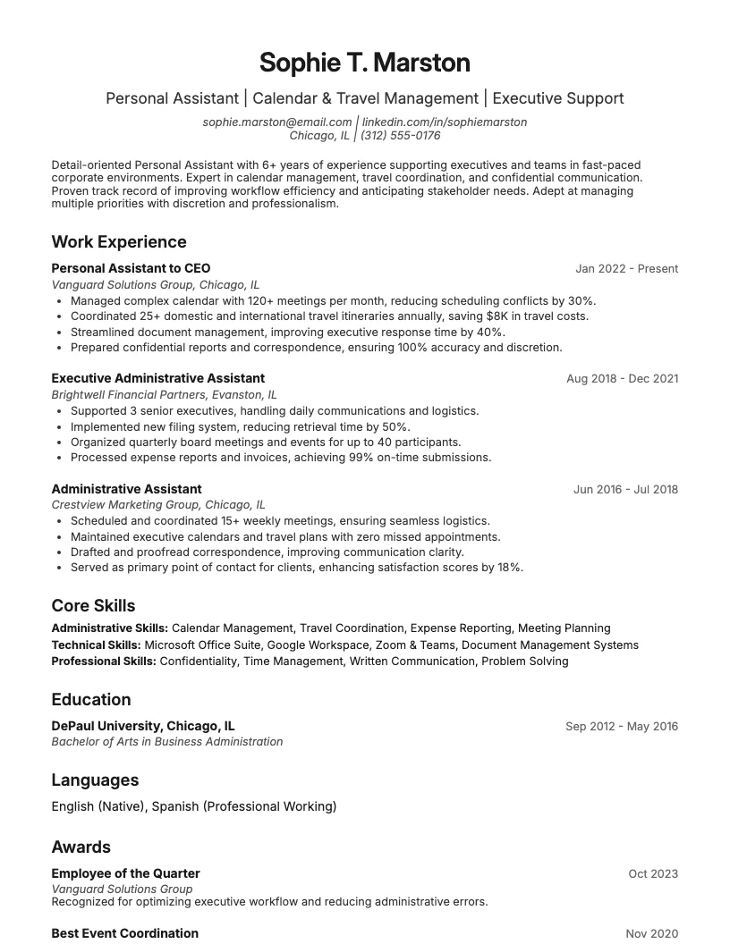 Personal Assistant Resume Example