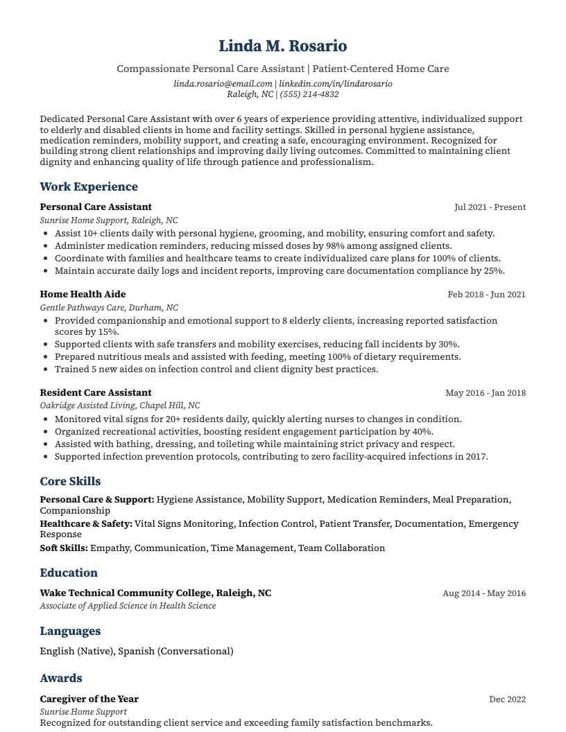 Personal Care Assistant Resume Example