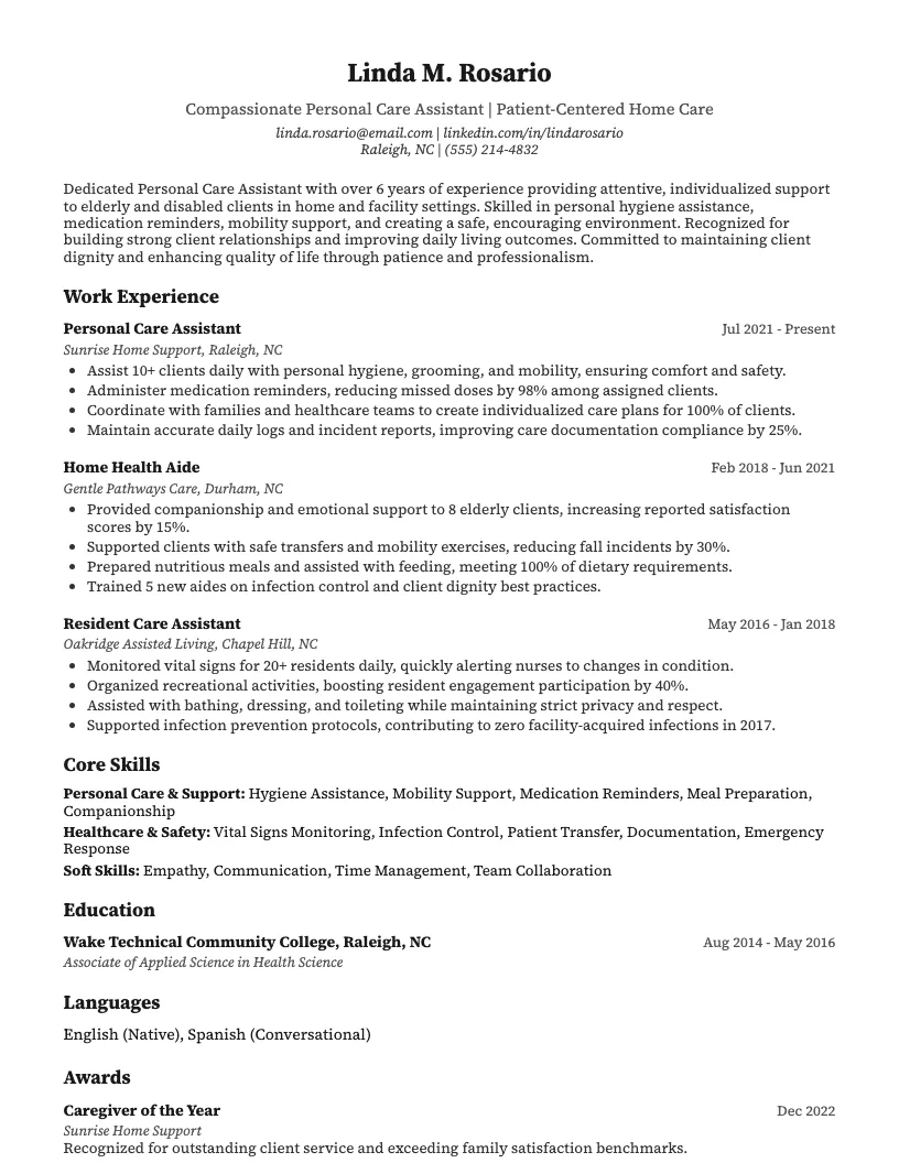 Personal Care Assistant Resume Example