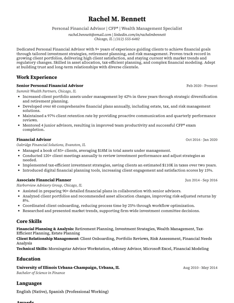 Personal Financial Advisor Resume Example