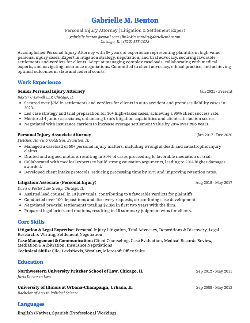 Personal Injury Attorney Resume Example