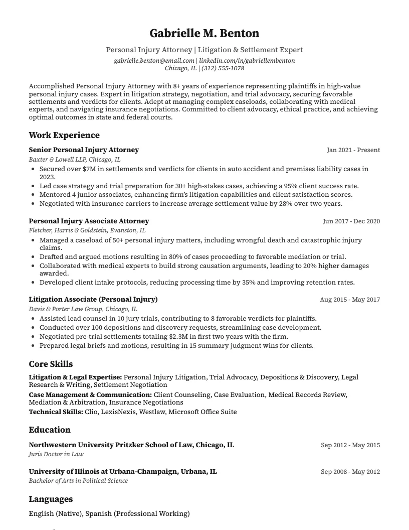 Personal Injury Attorney Resume Example