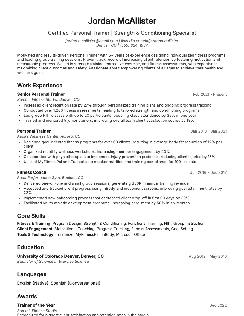 Personal Trainer Resume Example