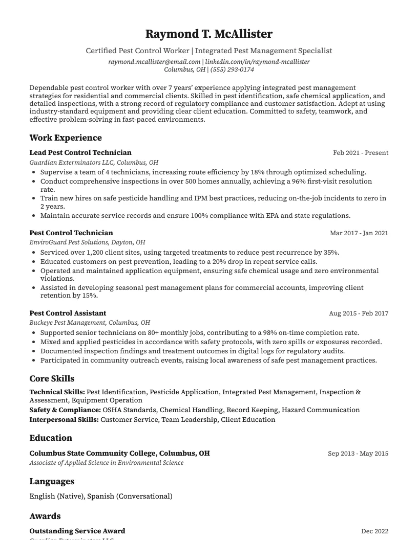 Pest Control Worker Resume Example