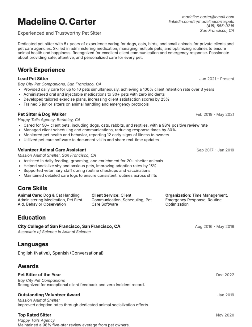 Pet Sitter Resume Example