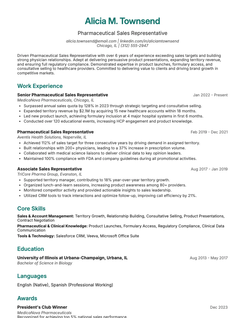 Pharmaceutical Sales Representative Resume Example