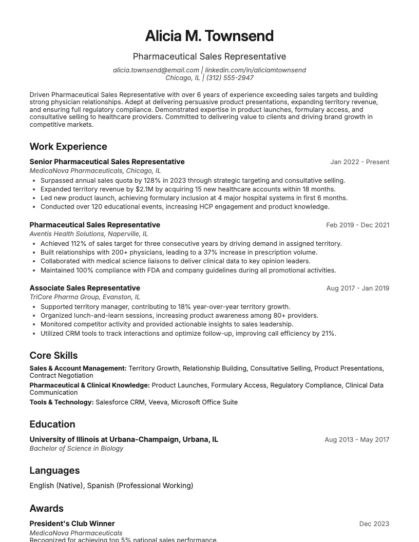 Medical Sales Representative Resume Example