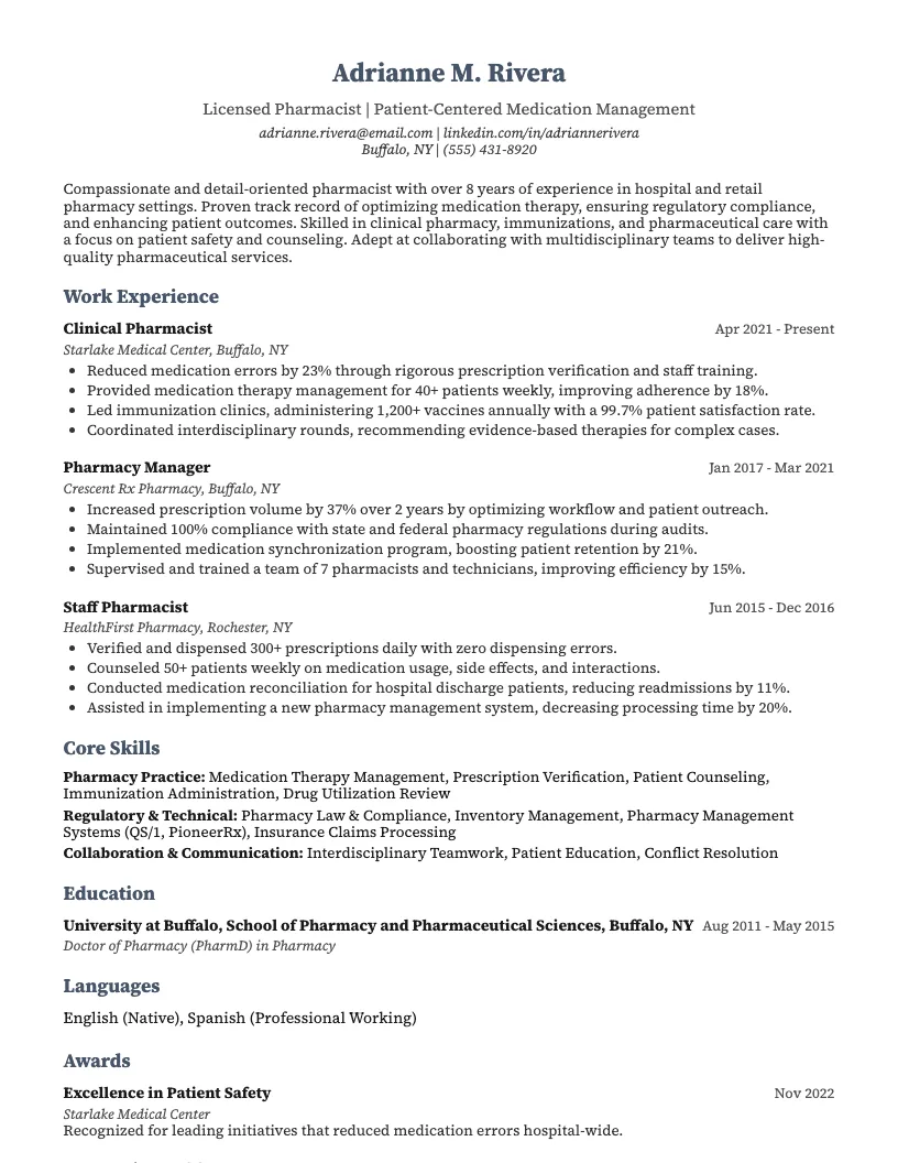 Pharmacist resume example