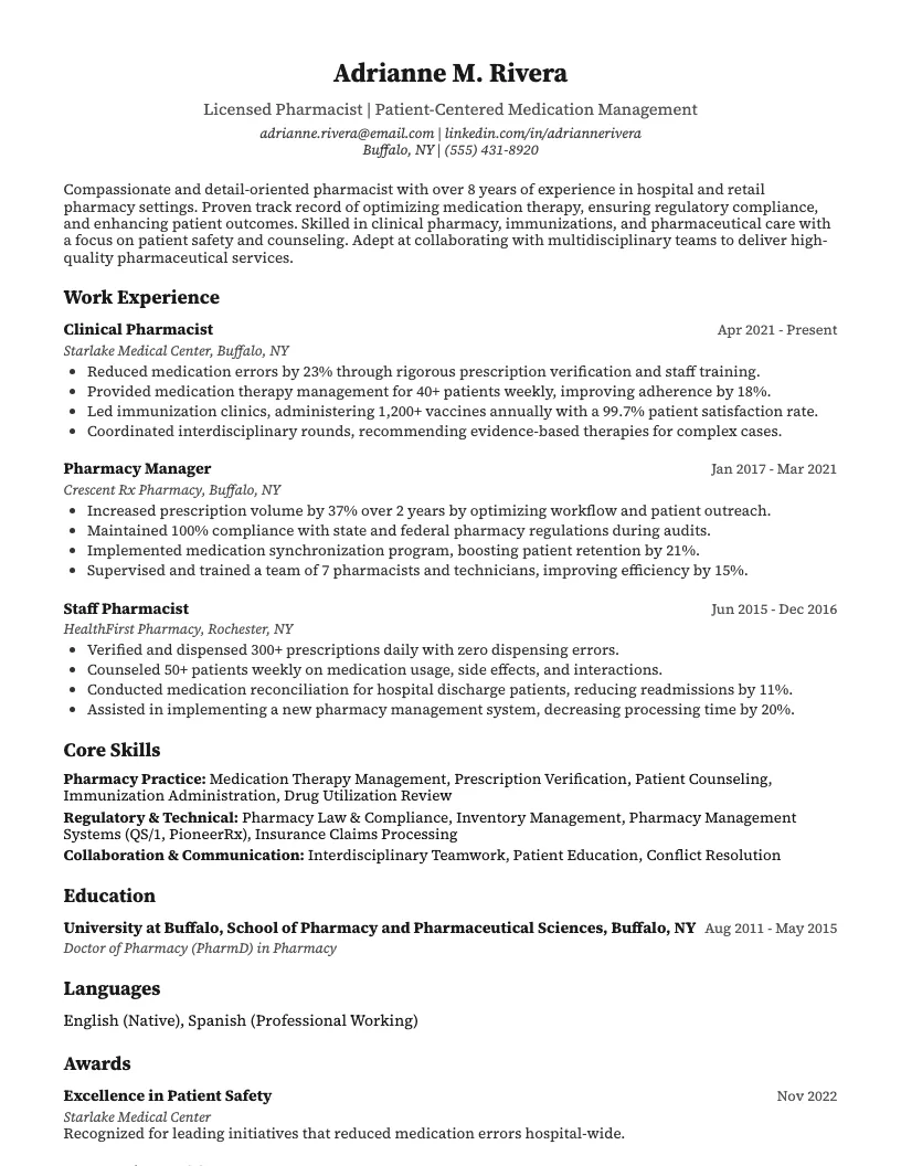 Pharmacist Resume Example